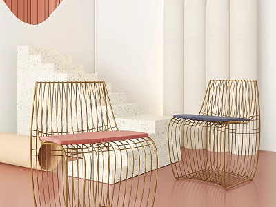 Modern Leisure Chairs With Metal Frame And Red Blue Cushions In Soft Tones Interior 3d model