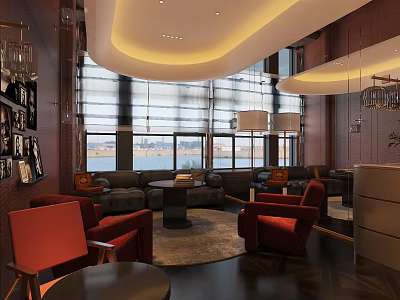 Luxurious Modern Lounge Interior With Red Armchairs Dark Sofas Round Coffee Table And Large Windows 3d model