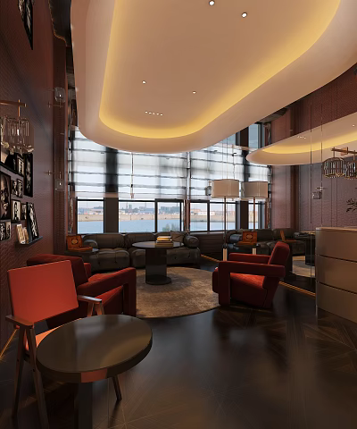 Luxurious Modern Lounge Interior With Red Armchairs Dark Sofas Round Coffee Table And Large Windows 3d model