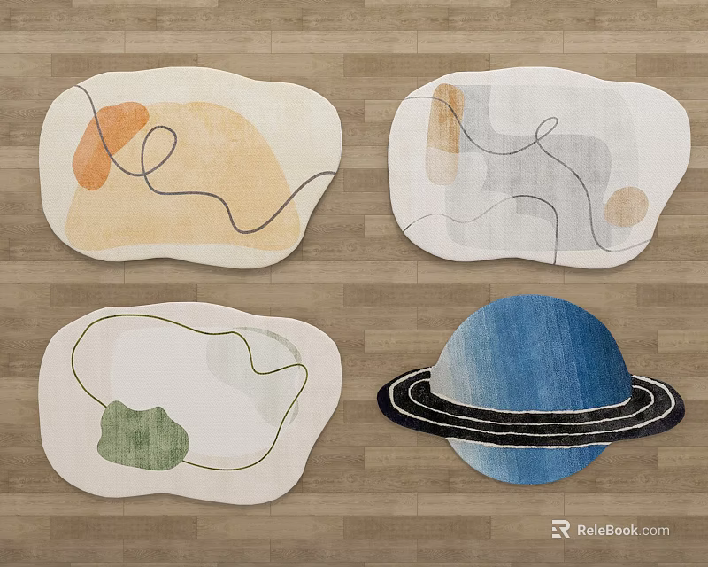 Stylish Rugs Featuring Abstract Curved Lines Color Blocks and Planet Ring Design for Modern Interior 3d model 