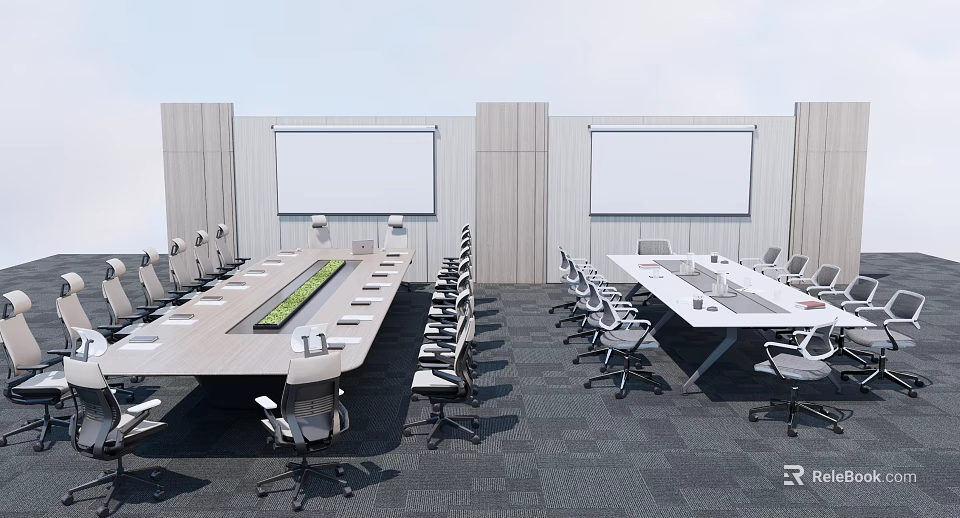 Modern Conference Table Setup With Office Chairs And Projection Screens In Meeting Room 3d model 