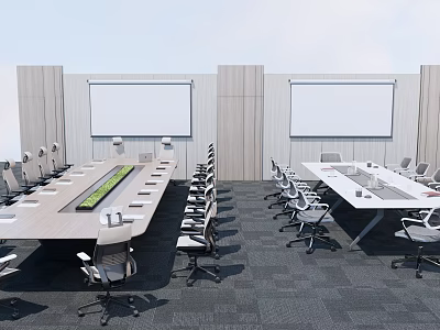 Modern Conference Table Setup With Office Chairs And Projection Screens In Meeting Room 3d model