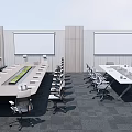Modern Conference Table Setup With Office Chairs And Projection Screens In Meeting Room