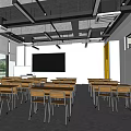 School Classroom Space With Desks Chairs Blackboard Windows And Yellow Door Plant