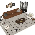 Modern Leather Sofa Set with Armchairs Coffee Table Rug and Decorative Wall Art