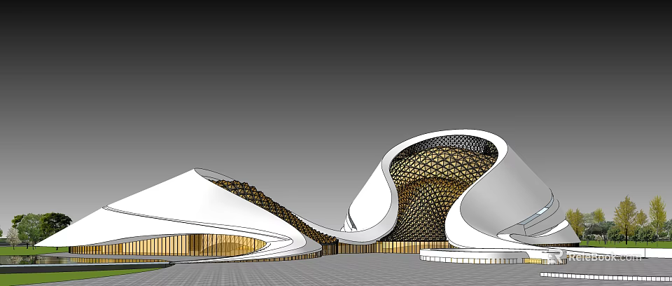 Modern Cultural Center Building With Curved White Facade And Golden Decorative Elements 3d model 