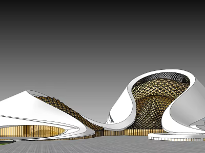 Modern Cultural Center Building With Curved White Facade And Golden Decorative Elements 3d model