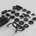 Assorted Black Plastic Parts With Various Shapes On White Background 3d model
