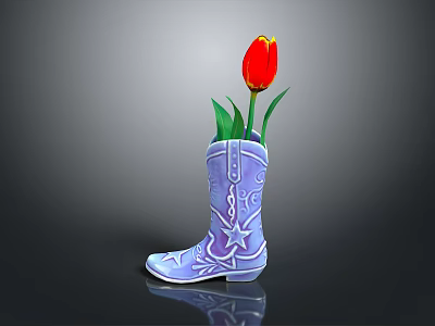 Blue Cowboy Boots with Star and Pattern Decorations Used as Flower Vase Holding Red Tulip 3d model