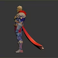 Superhero 3D Character Model With Golden Helmet Red Cape Yellow Chest Emblem And Blue Bodysuit