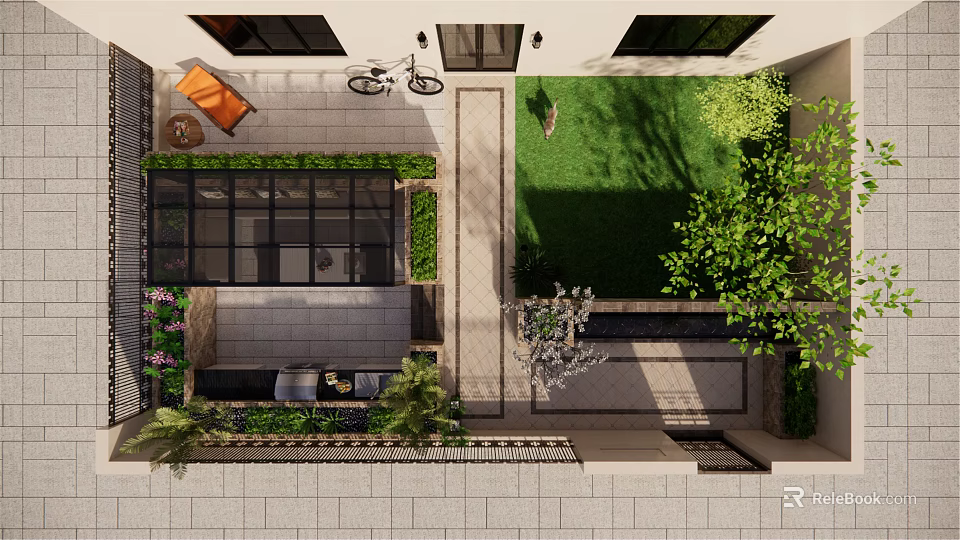 Courtyard Garden Design With Green Lawn Stone Path Outdoor Seating And Plants 3d model 