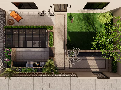 Courtyard Garden Design With Green Lawn Stone Path Outdoor Seating And Plants 3d model