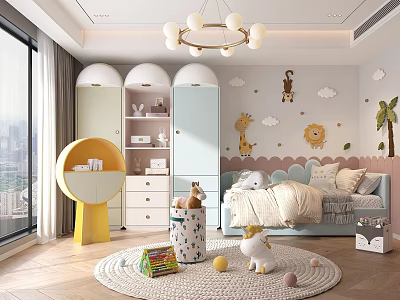 Kids Room Interior With Light Blue Bed Animal Wall Decals Pendant Light And Storage Cabinets 3d model