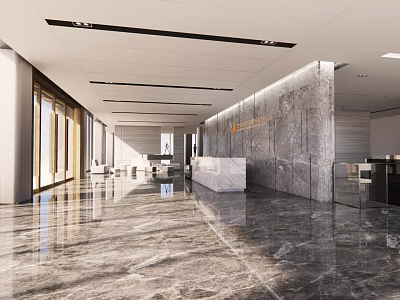 Modern Reception Desk Design In Spacious Lobby With Marble Wall And Polished Floor 3d model