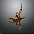 Winged Fantasy Character Riding Yellow Red Dinosaur Mount With Spear And Wings