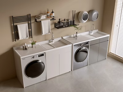 Modern Laundry Room Interior with Two Washing Machines Sink and Towel Rack 3d model