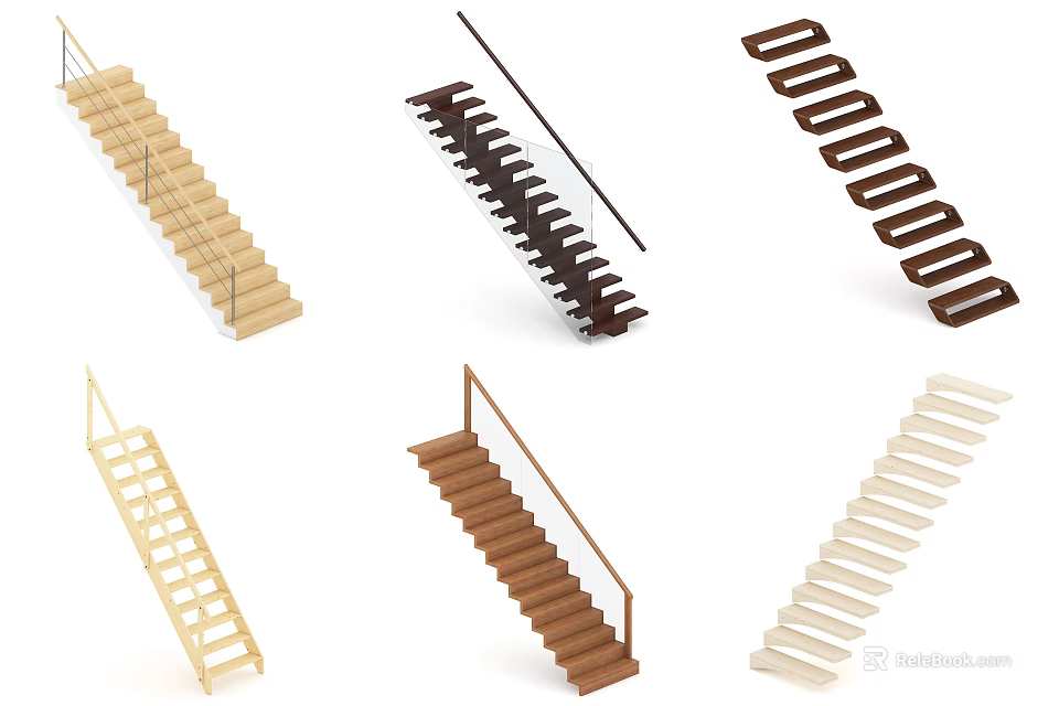 Various Modern Staircase Designs With Wooden Steps And Metal Handrails 3d model 