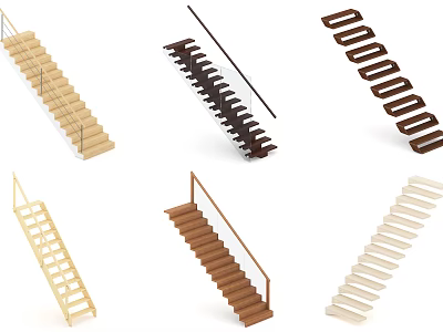 Various Modern Staircase Designs With Wooden Steps And Metal Handrails 3d model