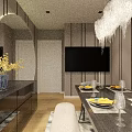 Elegant Dining and Living Room Interior with Chandelier Round Mirror and Table Setting