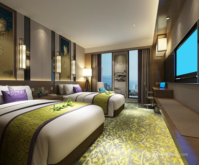 Modern Hotel Room With Double Beds Purple Pillows Green Runners And Sea View 3d model 