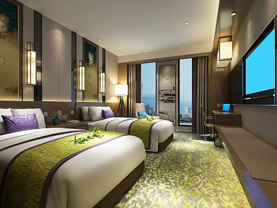 Modern Hotel Room With Double Beds Purple Pillows Green Runners And Sea View 3d model