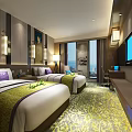 Modern Hotel Room With Double Beds Purple Pillows Green Runners And Sea View