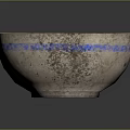 Antique Sculpture Carving Bowl With Grayish Black Surface Worn Edges And Blue Stripes Around Rim
