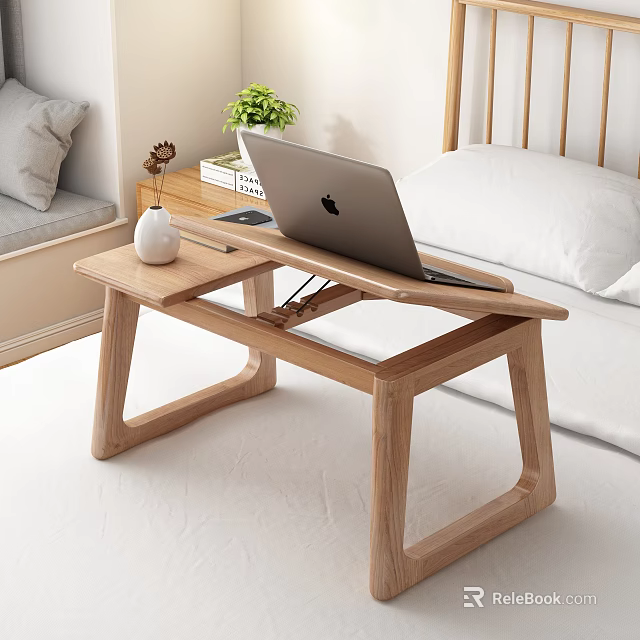Wooden Laptop Desk for Bed with Apple Laptop White Vase Dried Flowers and Green Plant 3d model 