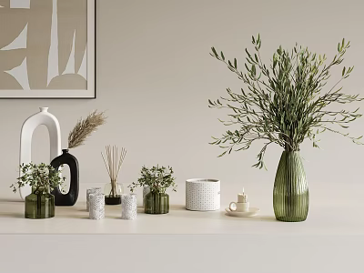 Elegant Decorative Ornament Set With Olive Branches Vases And Candle Holders On Light Tabletop 3d model