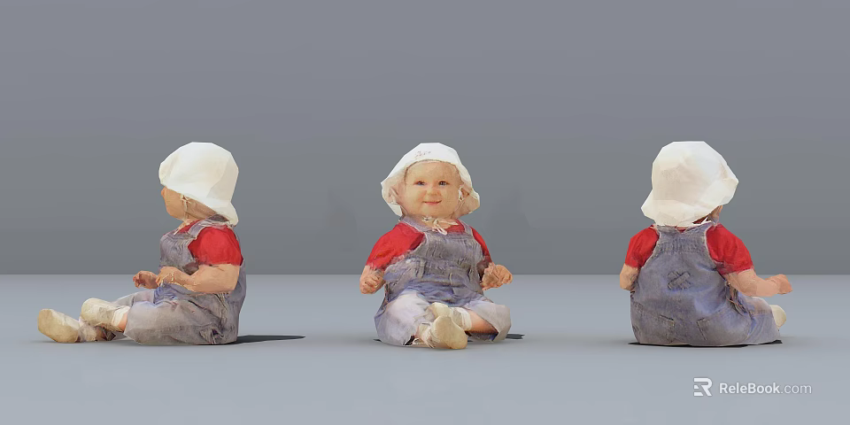 Three Dolls Wearing Red Shirts Blue Overalls White Hats With Front Side Back Views 3d model 