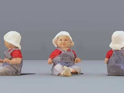 Three Dolls Wearing Red Shirts Blue Overalls White Hats With Front Side Back Views 3d model