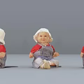 Three Dolls Wearing Red Shirts Blue Overalls White Hats With Front Side Back Views
