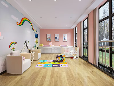 Cheerful Kids Nursery Interior With Rainbow Decoration Cartoon Paintings Wooden Floor And Colorful Play Mat 3d model