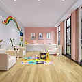Cheerful Kids Nursery Interior With Rainbow Decoration Cartoon Paintings Wooden Floor And Colorful Play Mat
