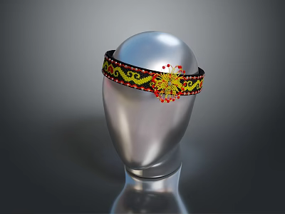 Traditional Embroidered Headband with Black Base Yellow Red Patterns and Central Sun Shaped Design 3d model