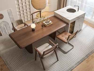 Modern Dining Table Set With Chairs Open Kitchen Island Counter Rug And Lighting 3d model