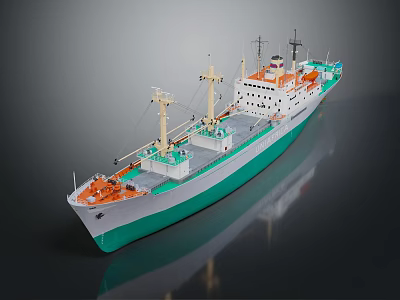 White and Green Cargo Ship With Upper Structure And Deck Equipment 3d model