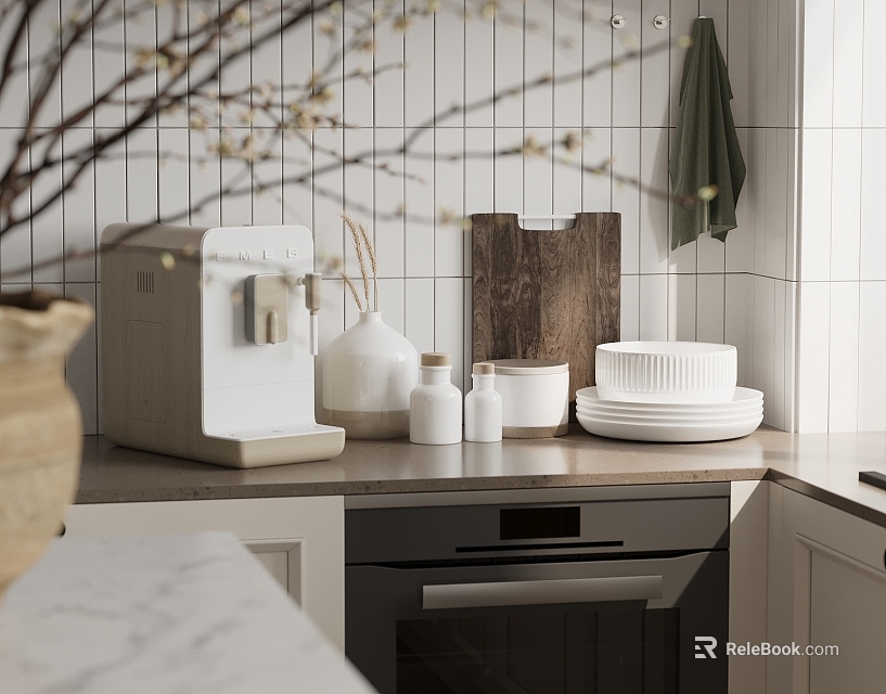 Modern Kitchen Counter With Coffee Machine Plates And Cutting Board 3d model 