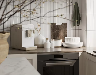 Modern Kitchen Counter With Coffee Machine Plates And Cutting Board 3d model