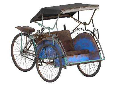 Vintage Tricycle Bicycle With Black Canopy Brown Seat And Blue Metal Frame 3d model