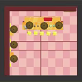 Cartoon Cafe Interior Scene With Counter Yellow Stools Tables Framed Pictures And Pink Checkered Floor