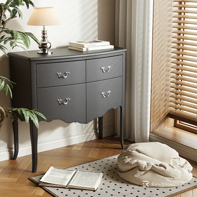 Gray Console Table with Drawers Cabinets Metal Handles Near Window Blinds Wooden Floor Plant Lamp 3d model 