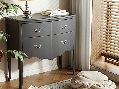 Gray Console Table with Drawers Cabinets Metal Handles Near Window Blinds Wooden Floor Plant Lamp 3d model