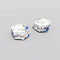 Decorative Hexagonal Ceramic Vessels with Blue White and Orange Floral Patterns 3d model