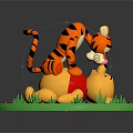 Playful Tigger On Winnie The Pooh's Back Lying On Green Grass With Flowers
