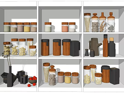 Organized Kitchen Spice Jars on Shelves with Glass Containers and Wooden Lids 3d model