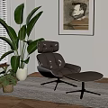 Modern Dark Lounge Chair with Ottoman in Room Featuring Window Blinds Large Plant and Rug
