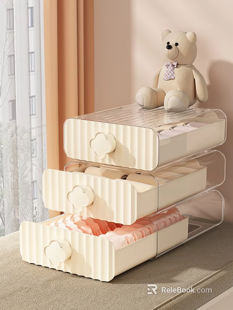 Folded Clothes In Transparent Beige Drawer Storage With Floral Decor And Teddy Bear 3d model 