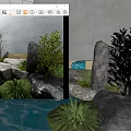 Serene Garden Ornament With Large Rocks Small Trees Mossy Grass And Flowing Stream