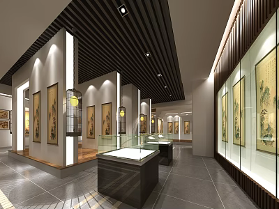Traditional Art Gallery Interior With Framed Paintings And Glass Display Cases 3d model